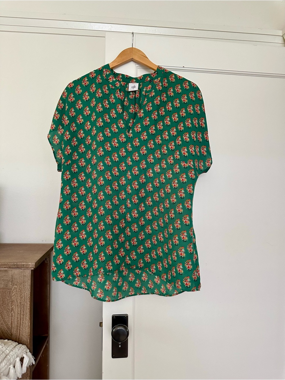CAbi Green Short-Sleeve Floral Print Blouse